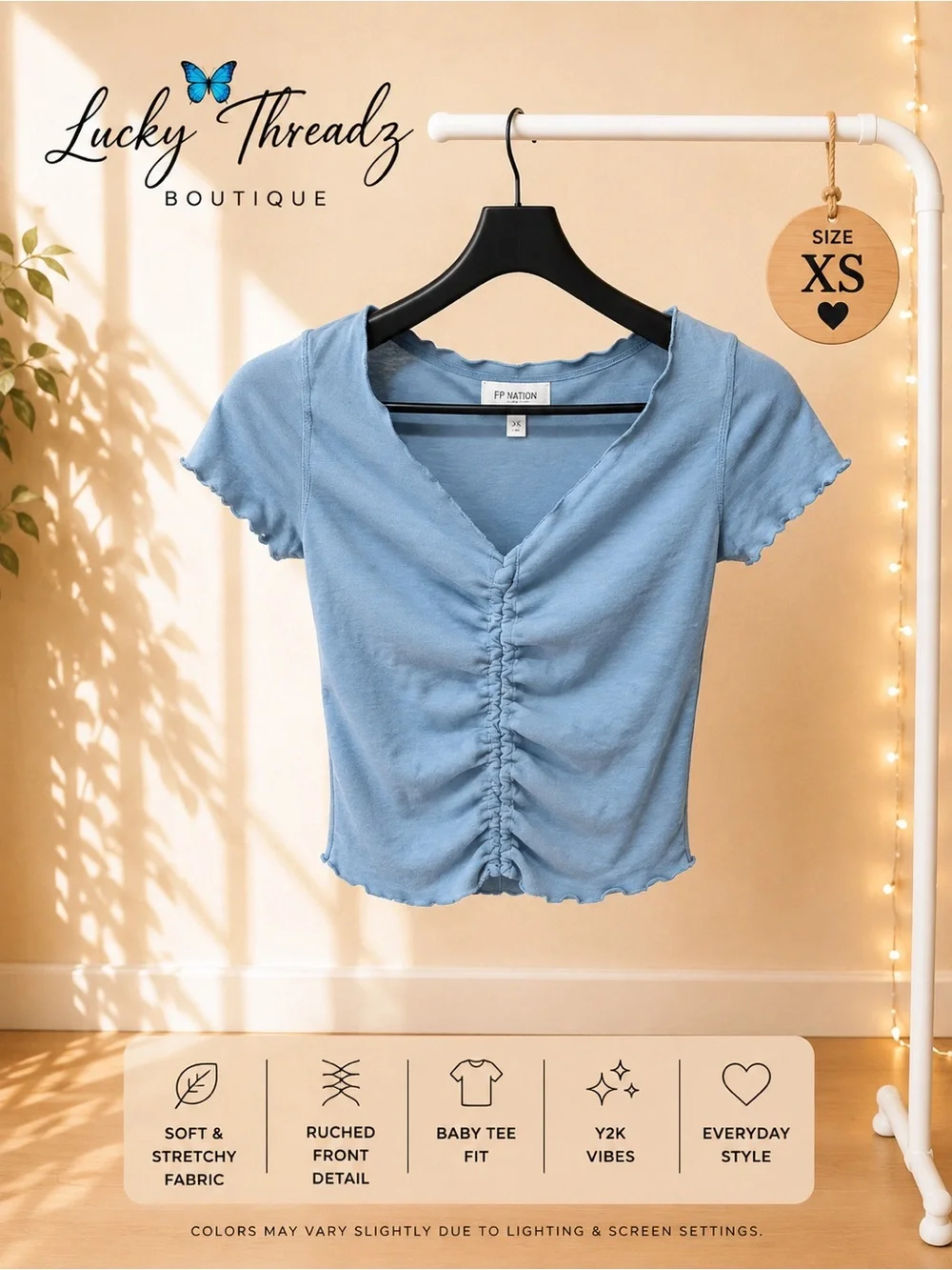 Urban Nation  Slate Blue Ruched Front V-Neck Baby Tee Crop Top Lettuce Trim XS⁠